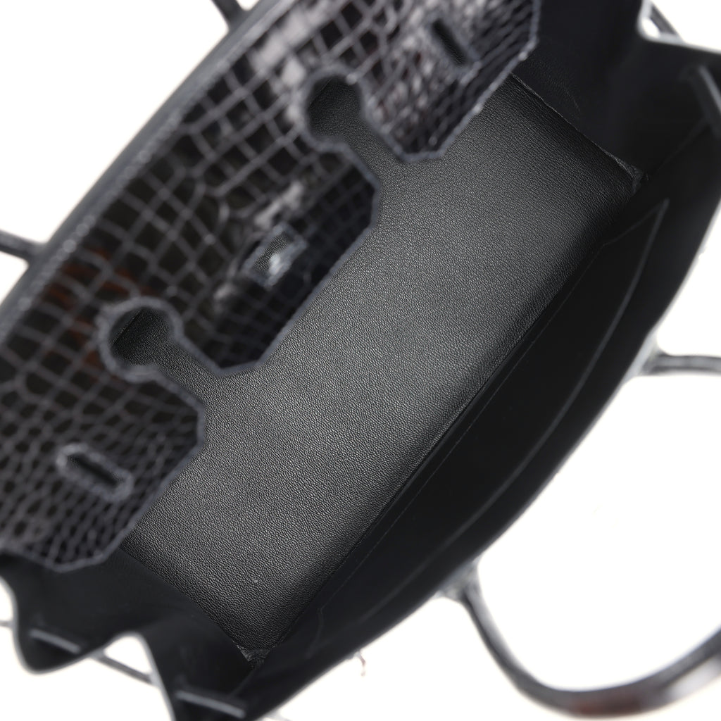 Pre-owned Hermes Birkin 35 Black Shiny Porosus Crocodile 18K White Gold Diamond Hardware - Image 11