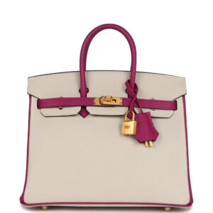 Hermes Special Order (HSS) Birkin 25 Craie and Rose Pourpre Epsom Brushed Gold Hardware