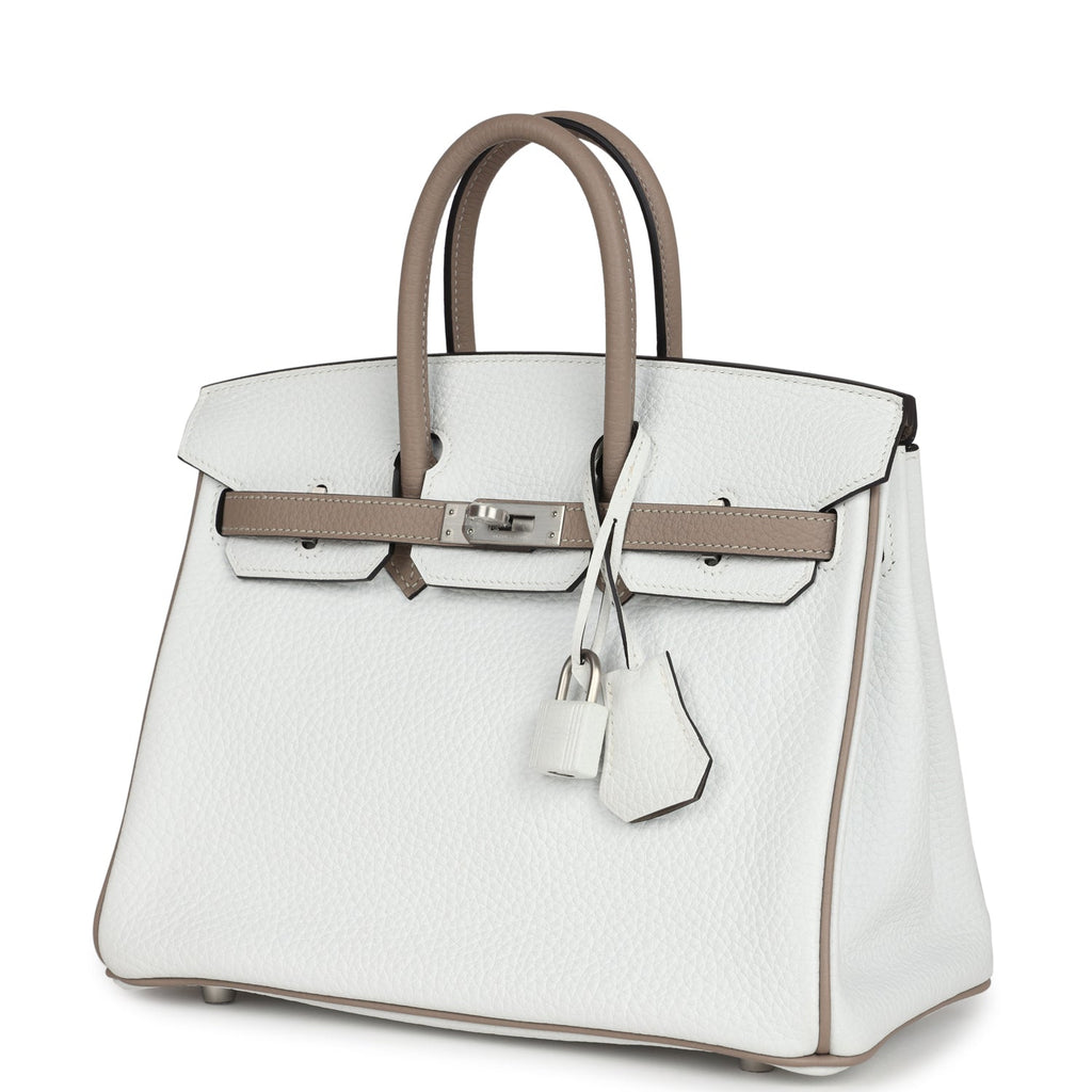 Hermes Special Order (HSS) Birkin 25 White and Etoupe Clemence Brushed Palladium Hardware - Image 6