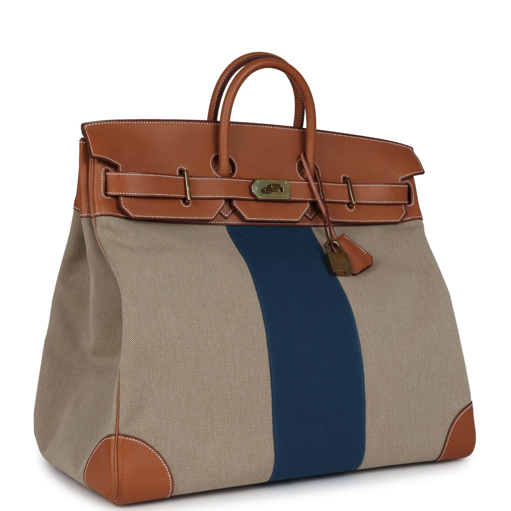 Pre-owned Hermes Birkin HAC 50 Flag Ficelle Toile H, Fauve Barenia and Bleu Toile H Canvas Gold Hardware - Image 3