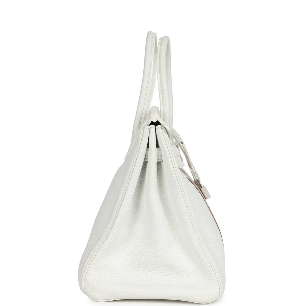 Pre-owned Hermes Birkin Club 35 White and Gris Perle Clemence and Sanguine Lizard Palladium Hardware - Image 4