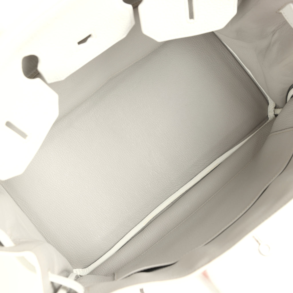 Pre-owned Hermes Birkin Club 35 White and Gris Perle Clemence and Sanguine Lizard Palladium Hardware - Image 9