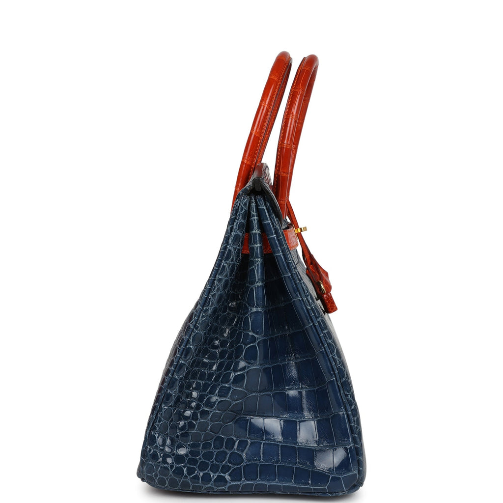 Vintage Hermes Birkin 35 Bleu Roi and Orange Shiny Porosus Crocodile Gold Hardware - Image 4