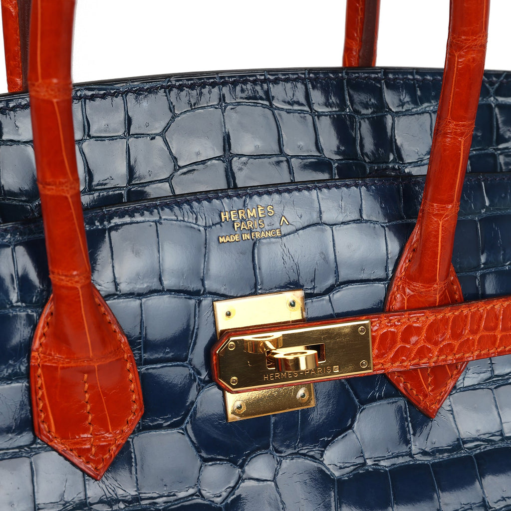 Vintage Hermes Birkin 35 Bleu Roi and Orange Shiny Porosus Crocodile Gold Hardware - Image 8