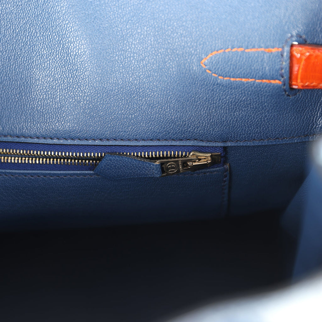 Vintage Hermes Birkin 35 Bleu Roi and Orange Shiny Porosus Crocodile Gold Hardware - Image 10
