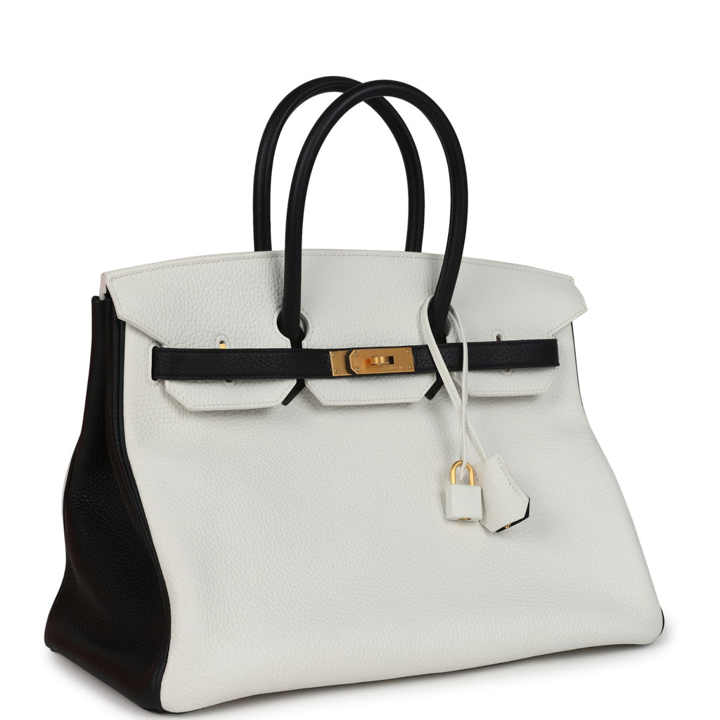 Hermes Special Order (HSS) Birkin 35 White and Black Clemence Brushed Gold Hardware - Image 3