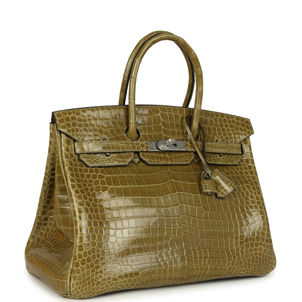 Vintage Hermes Birkin 35 Vert Anis Shiny Porosus Crocodile Palladium Hardware - Image 3