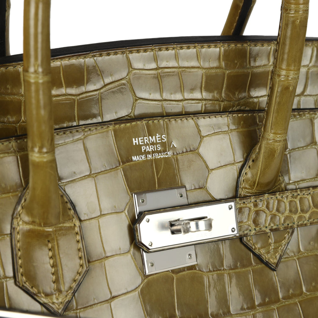 Vintage Hermes Birkin 35 Vert Anis Shiny Porosus Crocodile Palladium Hardware - Image 8