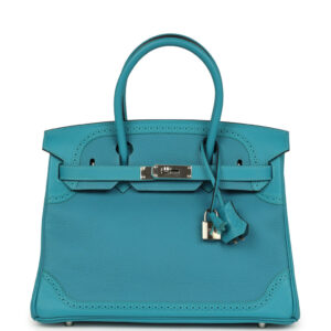 Pre-owned Hermes Birkin 30 Ghillies Turquoise Togo and Swift Palladium Hardware