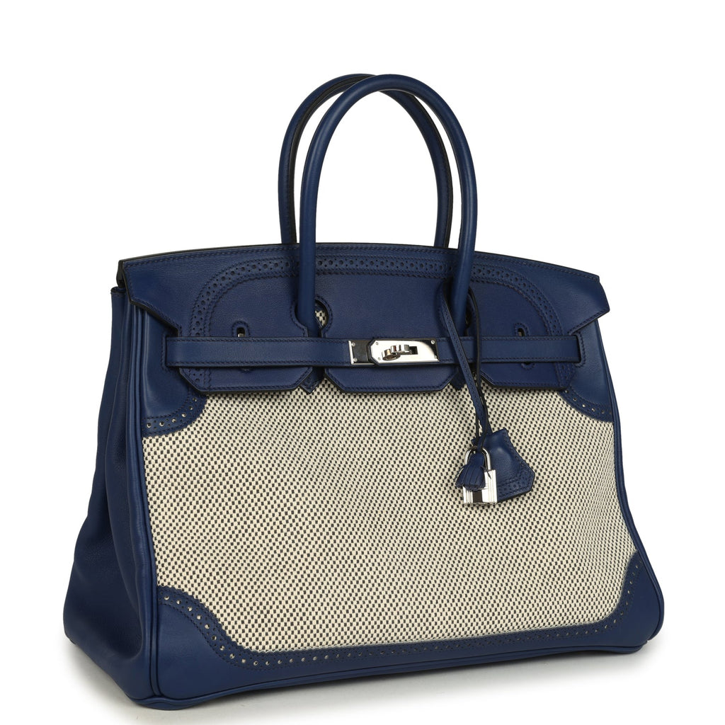 Pre-owned Hermes Birkin 35 Ghillies Bleu Saphir Swift and Ecru Toile Palladium Hardware - Image 3
