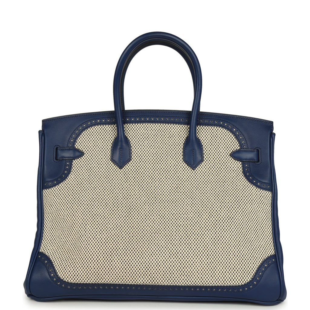Pre-owned Hermes Birkin 35 Ghillies Bleu Saphir Swift and Ecru Toile Palladium Hardware - Image 5