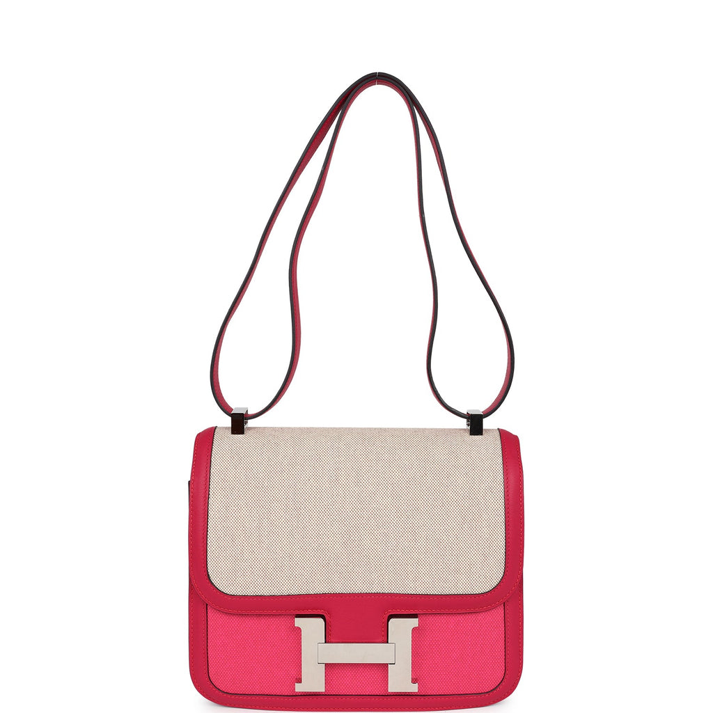 Pre-owned Hermes Constance 24 Rose Shocking and Ecru Toile H Berline and Framboise Swift Palladium Hardware - Image 8