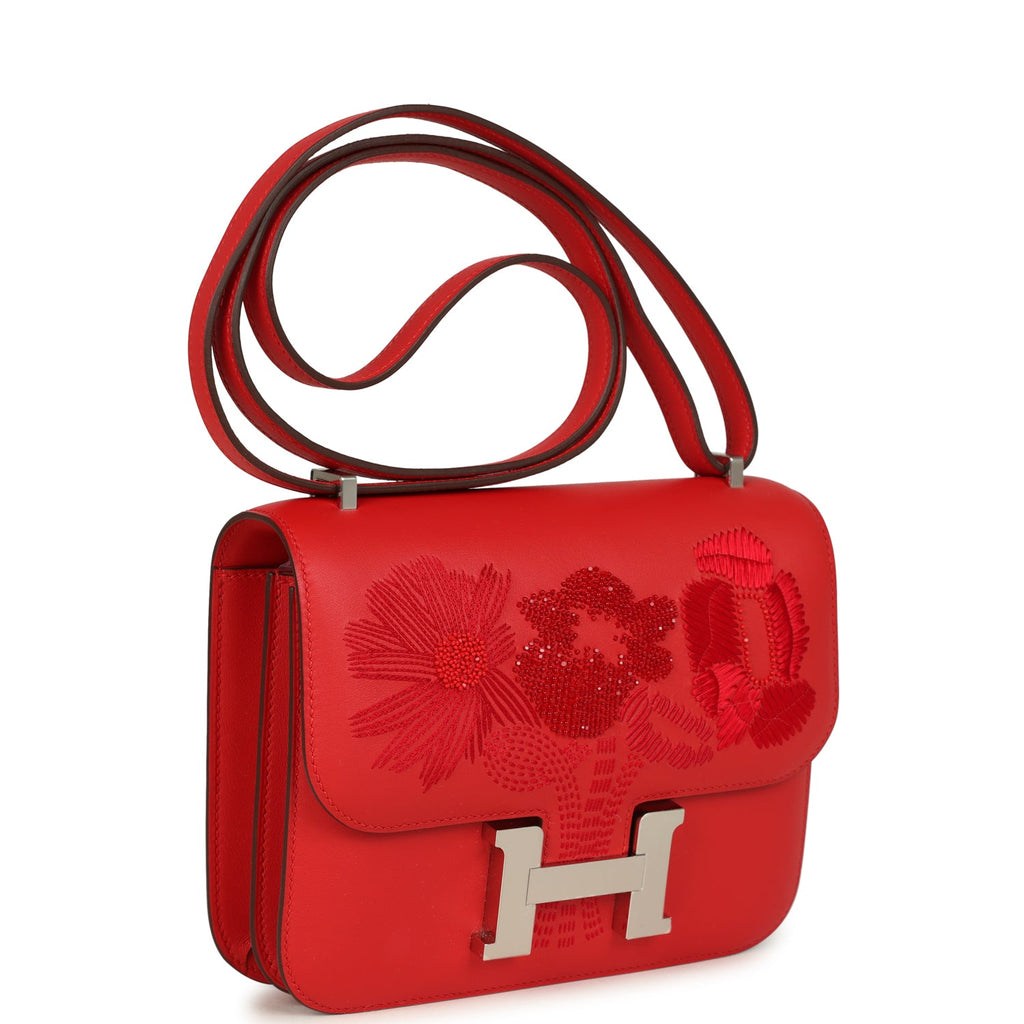 Hermes Constance 18 "Dancing Flowers" Rouge De Coeur Embroidered Swift Palladium Hardware - Image 3