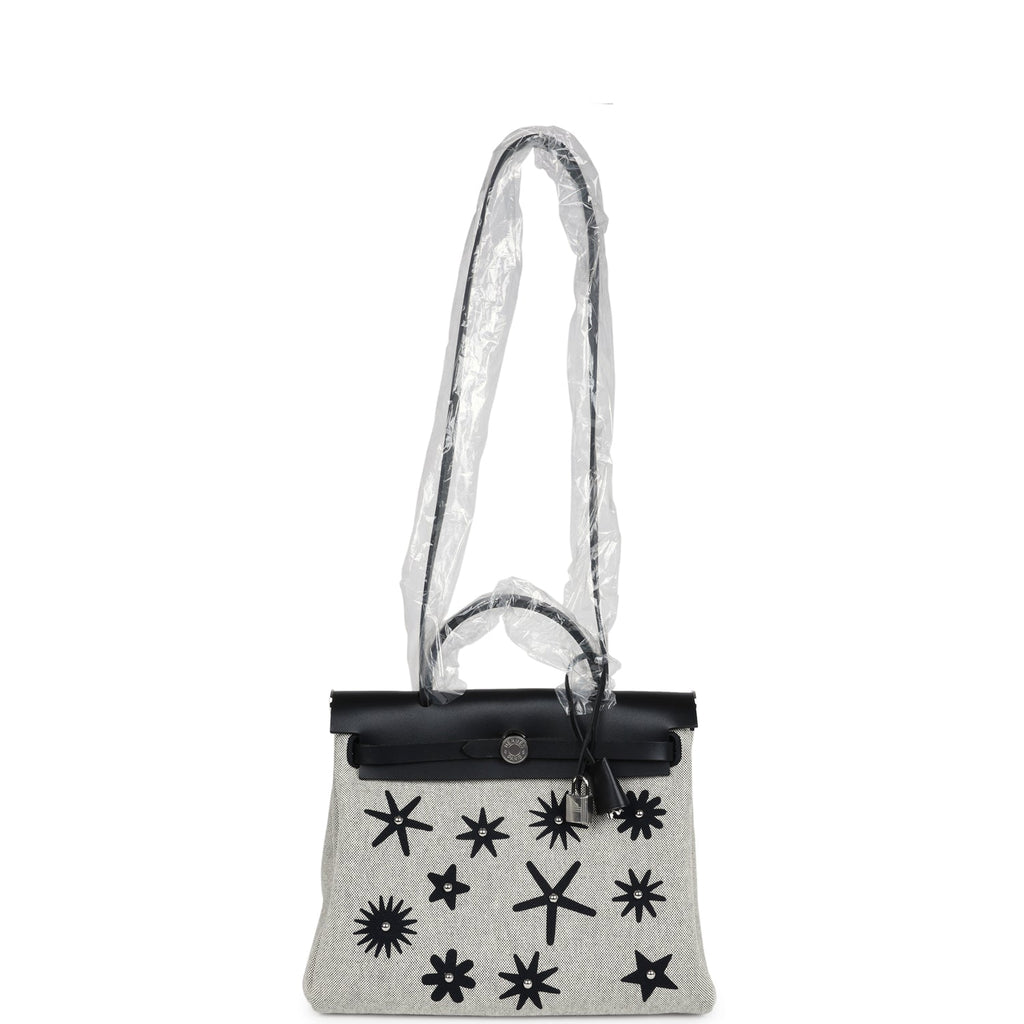 Hermes Herbag Zip 31 PM Hobnailed Black and Ecru Printed H Plume Canvas and Vache Hunter Palladium Hardware - Image 9