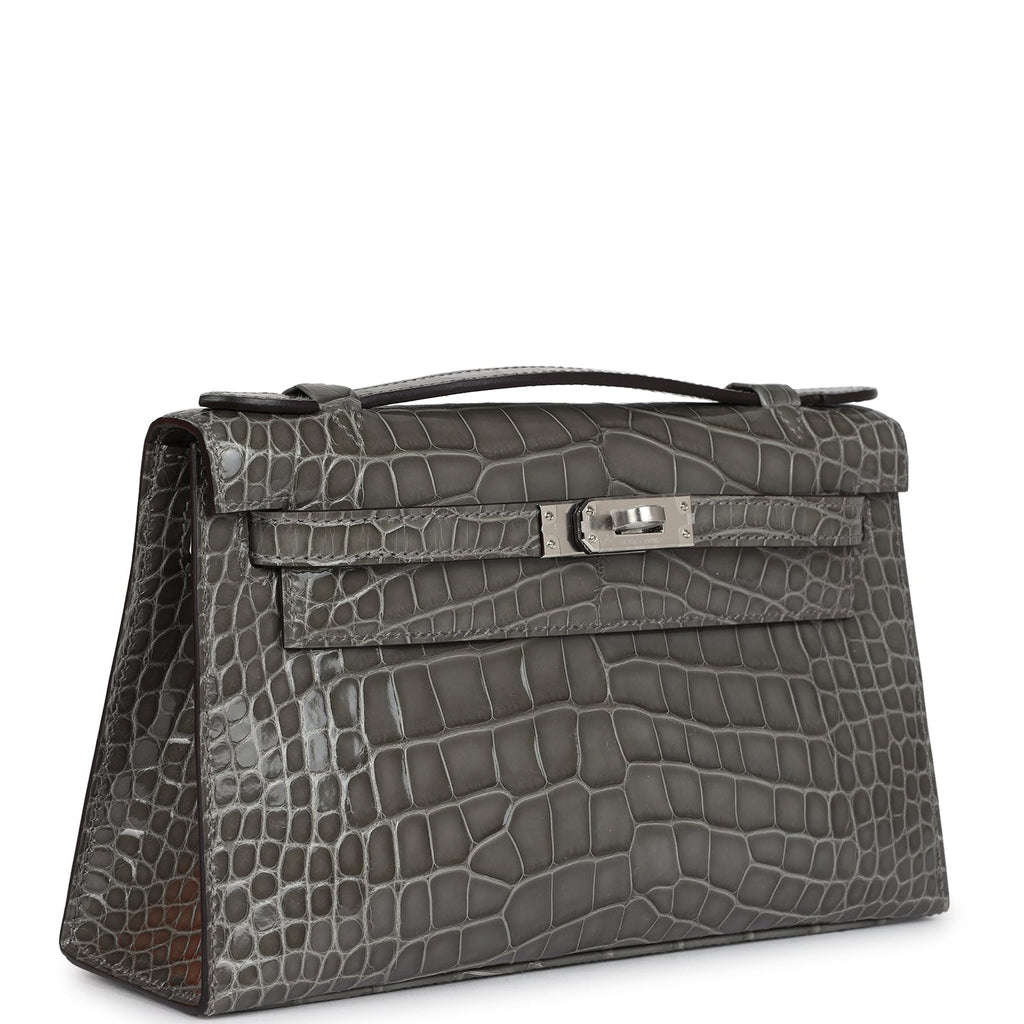 Hermes Kelly Pochette Gris Ciment Shiny Alligator Palladium Hardware - Image 3