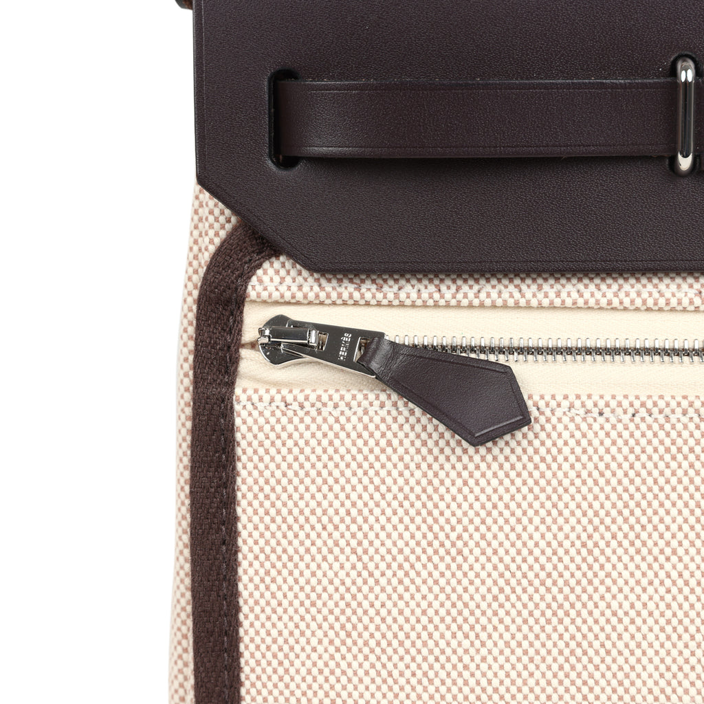 Hermes Herbag Zip 20 Mini Ecru and Beige Toile H Canvas and Ebene Vache Hunter Palladium Hardware - Image 9