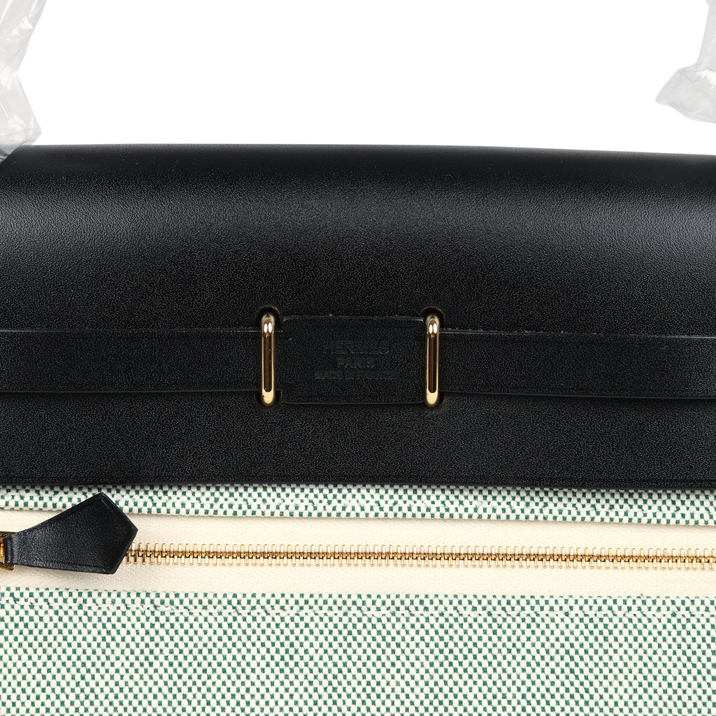 Hermes Herbag Zip 20 Mini Ecru and Vert Moyen Toile H Canvas and Black Vache Hunter Gold Hardware - Image 9