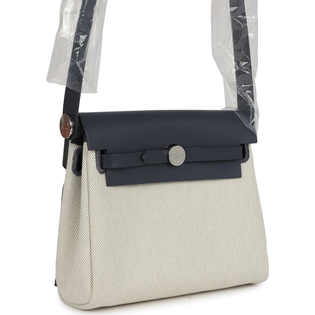 Hermes Herbag Zip 20 Mini Ecru and Bleu Glacier Toile H Canvas and Ardoise Vache Hunter Palladium Hardware - Image 3