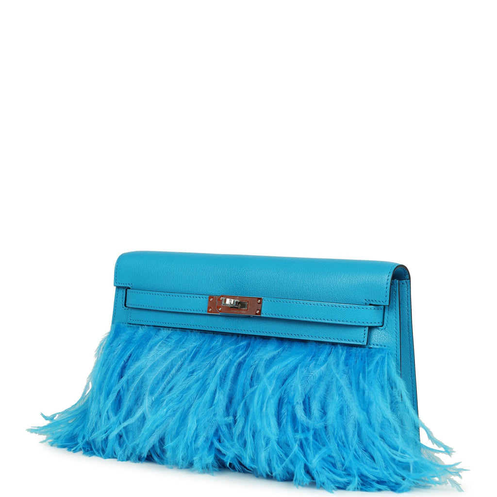 Hermes Kelly Elan Foile Bleu Frida Chevre Chamkila and Ostrich Feathers Palladium Hardware - Image 6