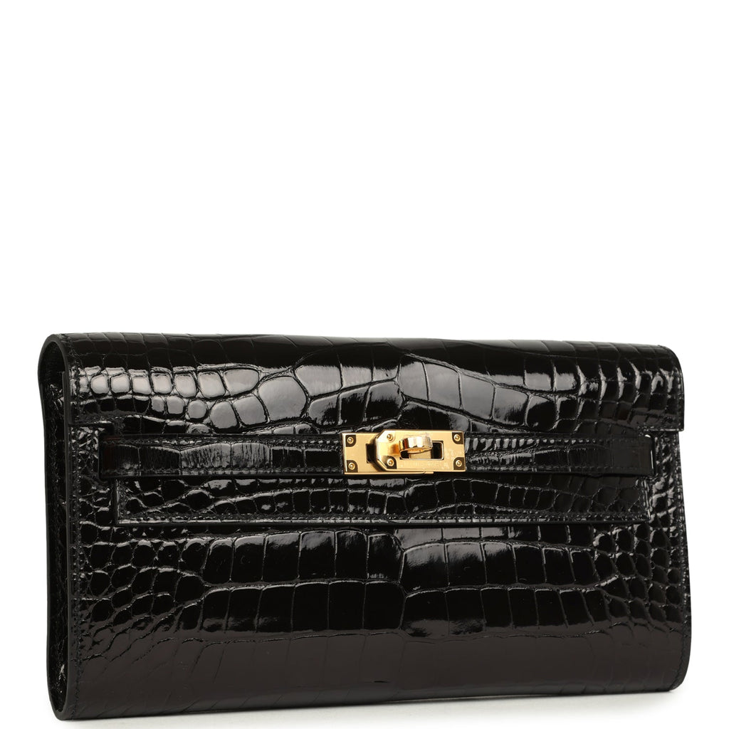 Pre-owned Hermes Kelly Wallet To Go Black Shiny Alligator Gold Hardware - Image 3