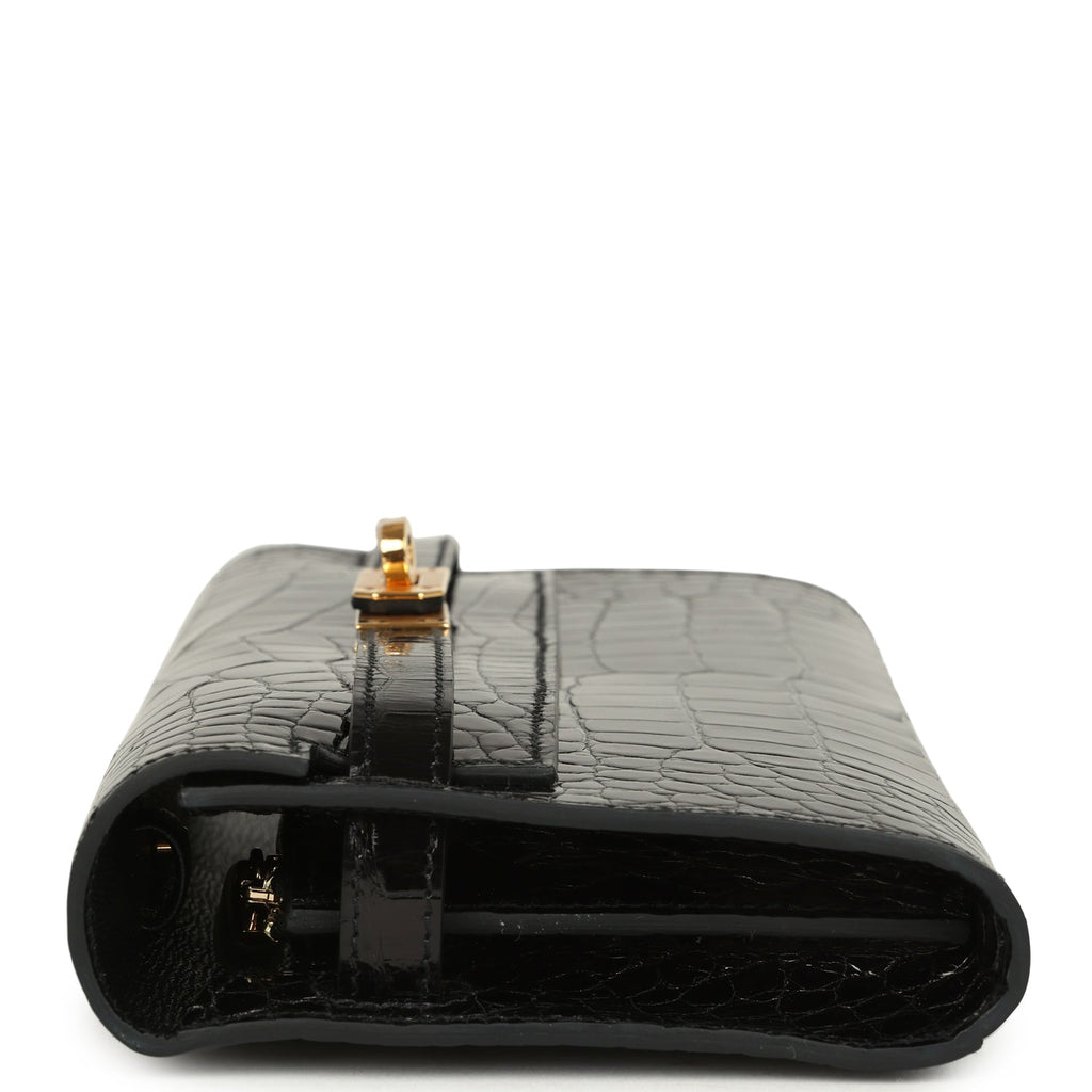 Pre-owned Hermes Kelly Wallet To Go Black Shiny Alligator Gold Hardware - Image 4