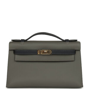 Pre-owned Hermes Special Order (HSS) Kelly Pochette Gris Meyer and Caban Swift Permabrass Hardware