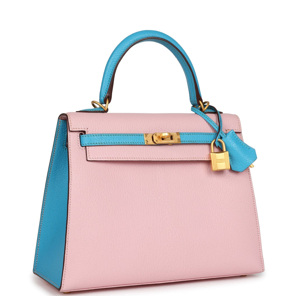Hermes Special Order (HSS) Kelly Sellier 25 Rose Sakura and Bleu Aztec Chevre Brushed Gold Hardware - Image 3