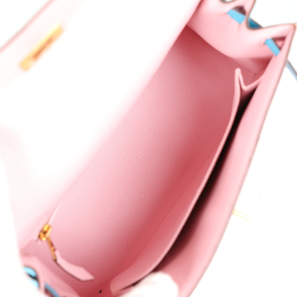 Hermes Special Order (HSS) Kelly Sellier 25 Rose Sakura and Bleu Aztec Chevre Brushed Gold Hardware - Image 9