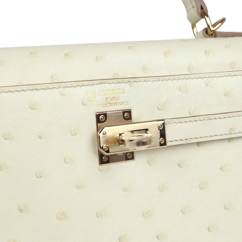 Hermes Special Order (HSS) Kelly Sellier 25 Nata Verso Ostrich Permabrass Hardware - Image 8