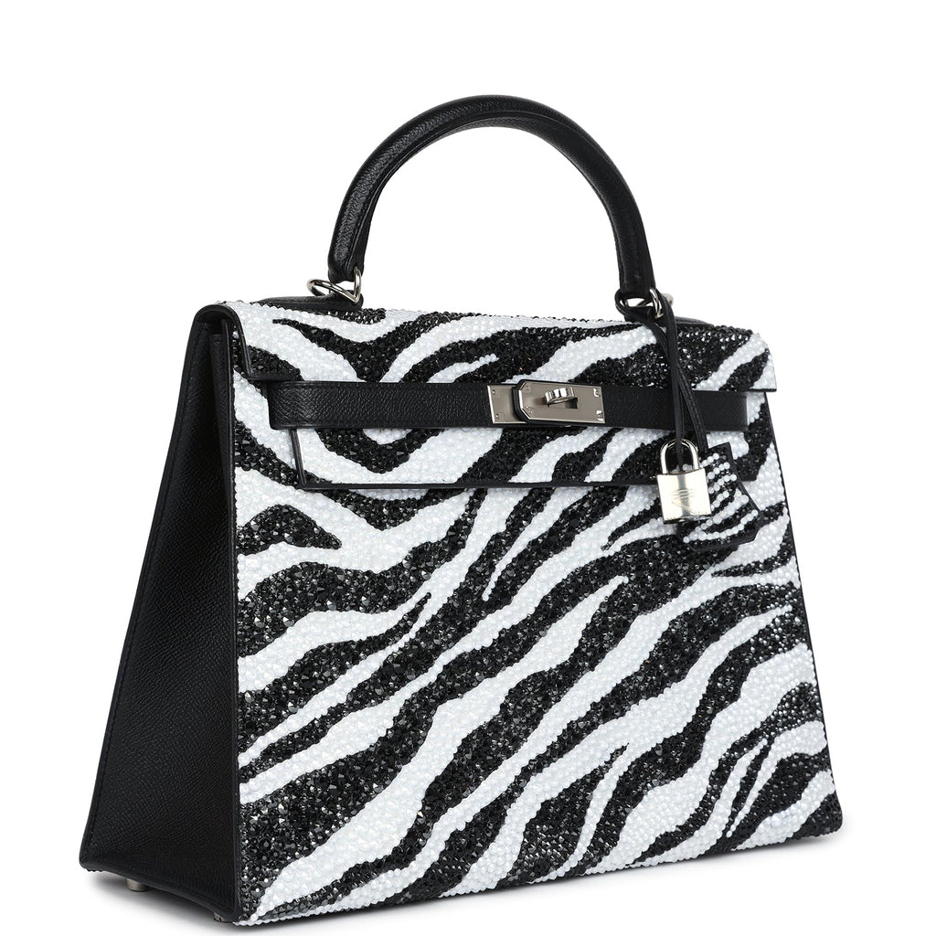 Custom Zebra Swarovski Crystal Hermes Kelly Sellier 32 Black Epsom Palladium Hardware - Image 3