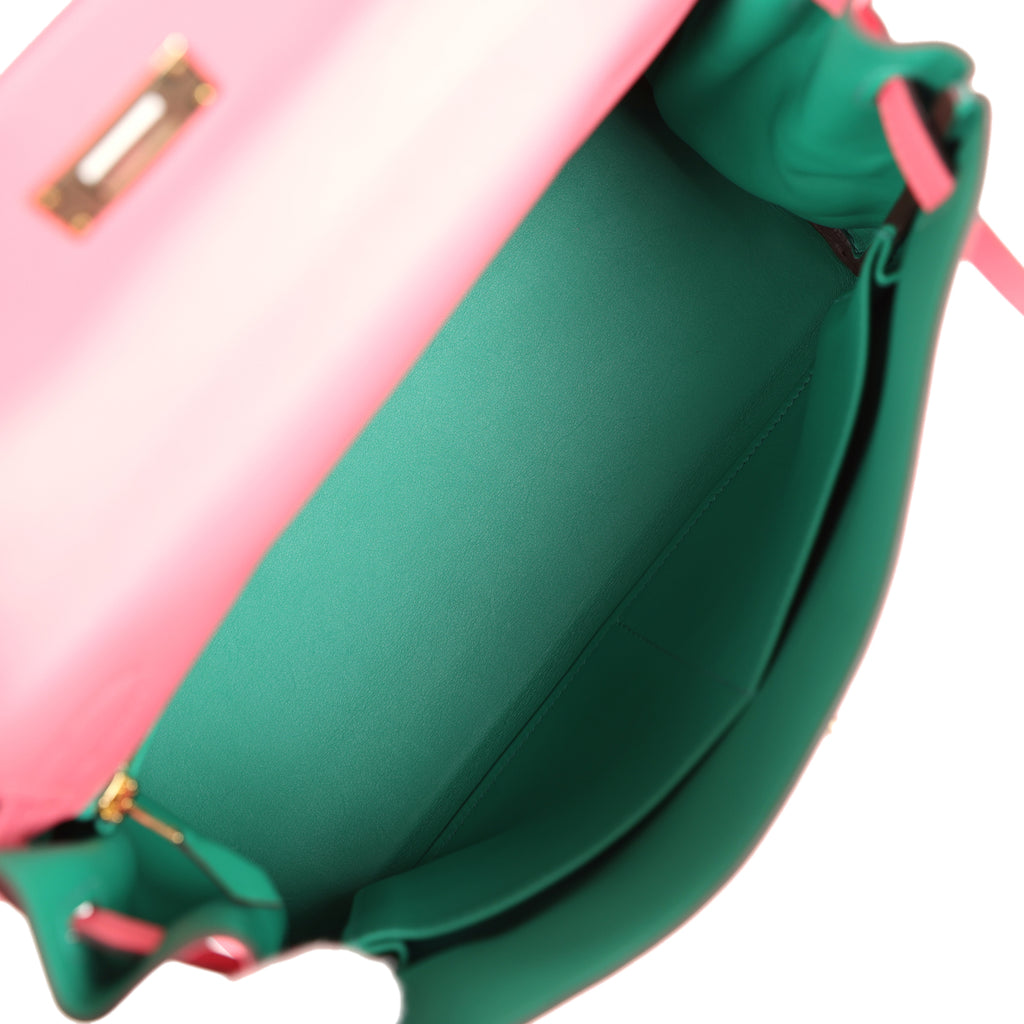 Hermes Special Order (HSS) Kelly Retourne 28 Rose Azalee and Vert Vertigo Swift Gold Hardware - Image 9