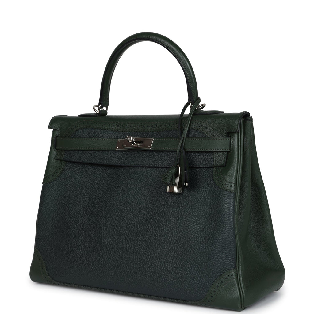 Pre-owned Hermes Ghillies Kelly 35 Retourne Vert Fonce Clemence and Vert Anglais Evercolor Palladium Hardware - Image 6