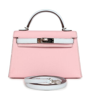 Hermes Special Order (HSS) Kelly Sellier 20 Rose Sakura and Bleu Brume Chevre Palladium Hardware
