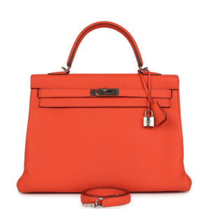 Pre-owned Hermes Kelly Retourne 35 Orange Poppy Togo Palladium Hardware