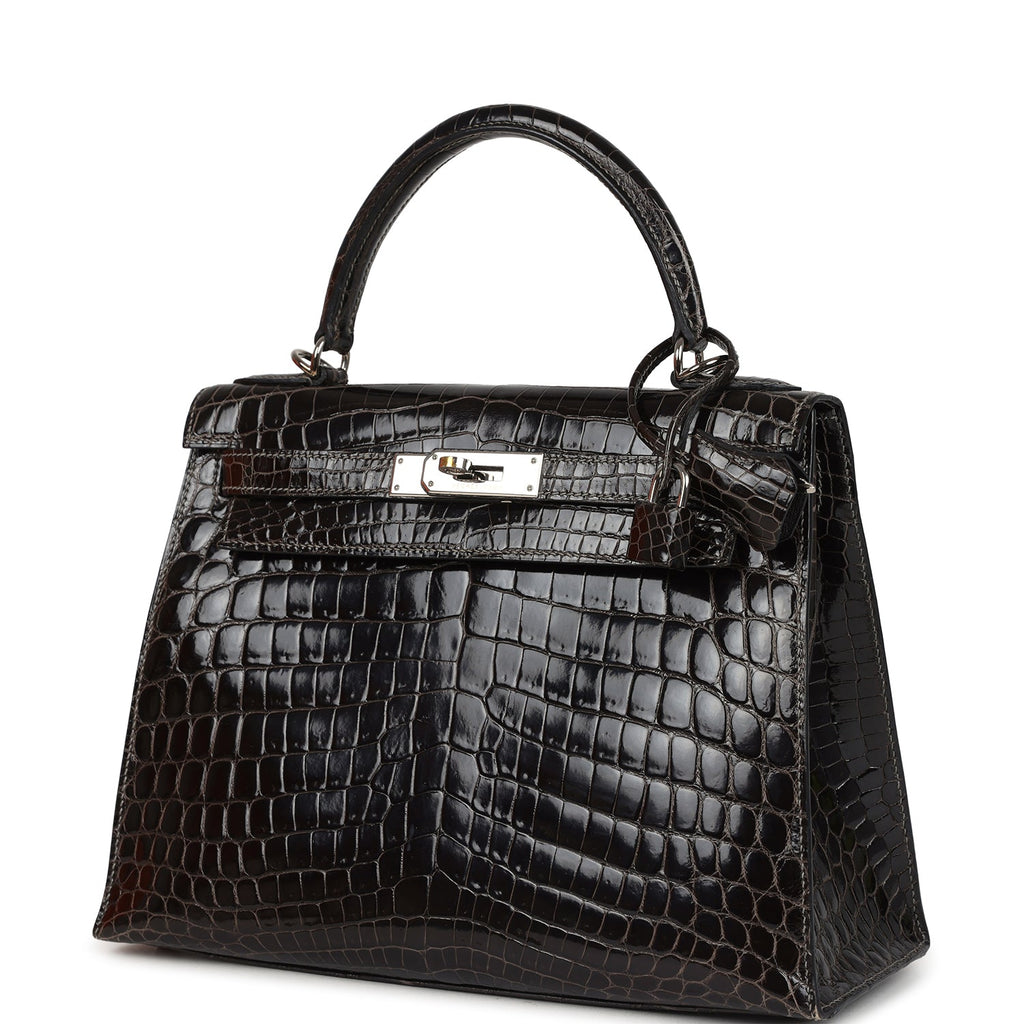 Vintage Hermes Kelly Sellier 28 Gris Fonce Shiny Niloticus Crocodile Palladium Hardware - Image 6