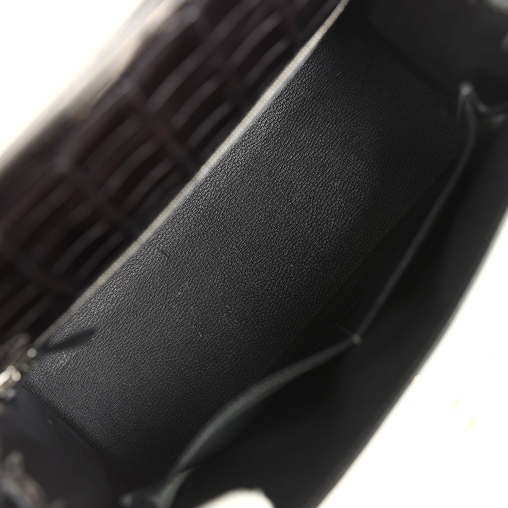 Vintage Hermes Kelly Sellier 28 Gris Fonce Shiny Niloticus Crocodile Palladium Hardware - Image 9