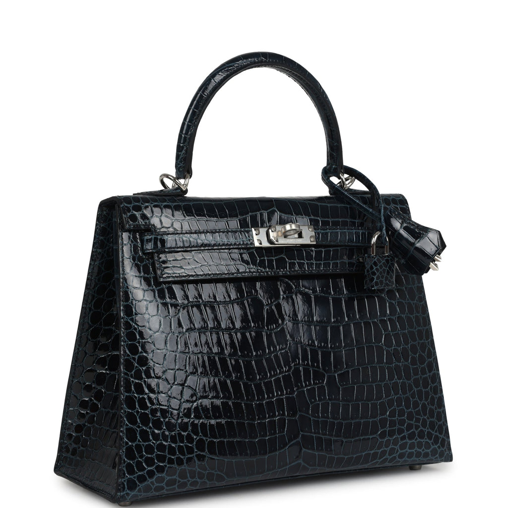 Hermes Kelly Sellier 25 Vert Rousseau Shiny Porosus Crocodile Palladium Hardware - Image 3