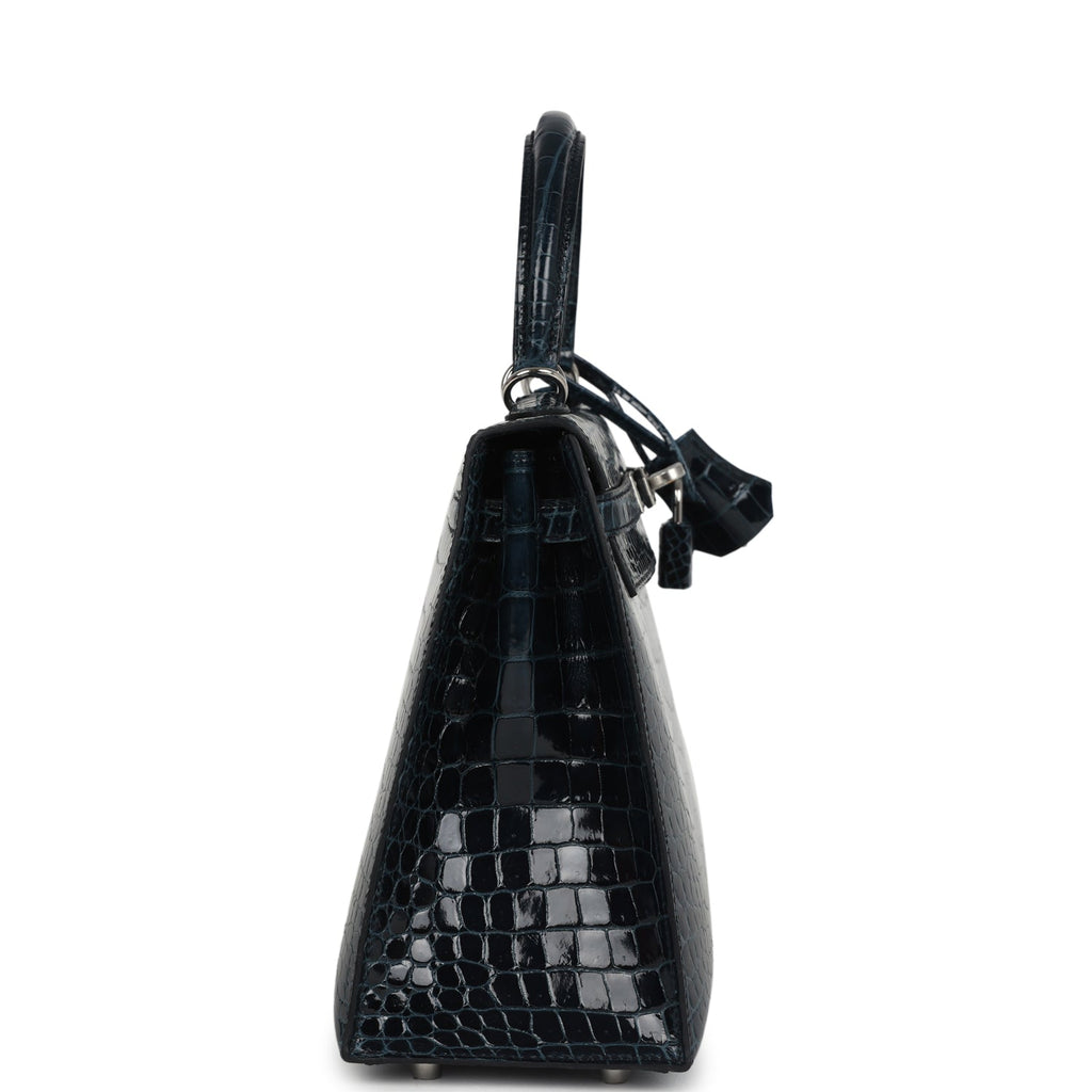 Hermes Kelly Sellier 25 Vert Rousseau Shiny Porosus Crocodile Palladium Hardware - Image 4