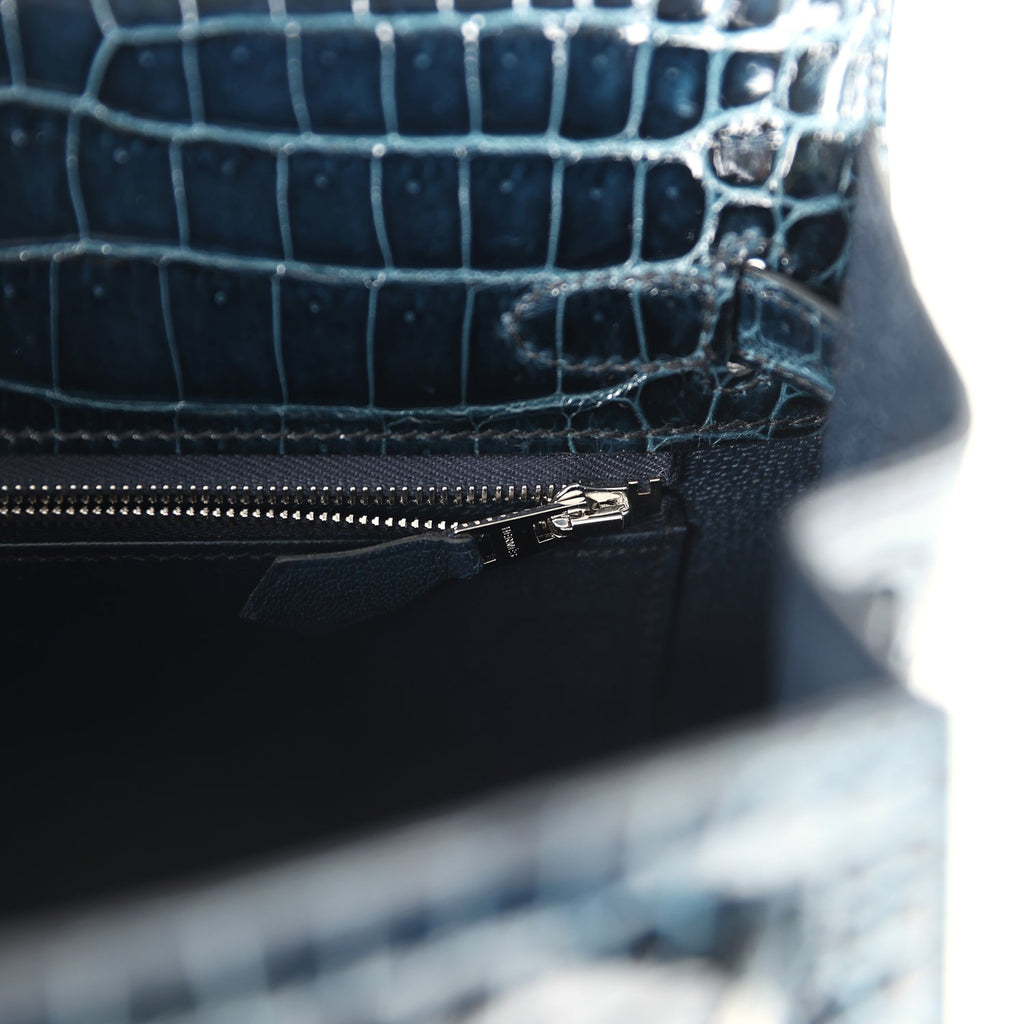 Hermes Kelly Sellier 25 Vert Rousseau Shiny Porosus Crocodile Palladium Hardware - Image 10