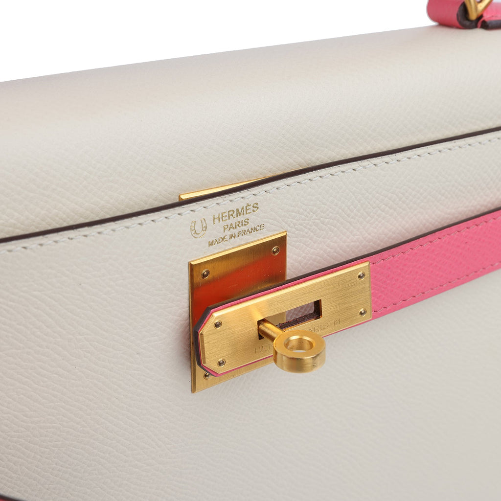 Pre-owned Hermes Special Order (HSS) Kelly Sellier 28 Craie and Rose Azalee Epsom Brushed Gold Hardware - Image 8