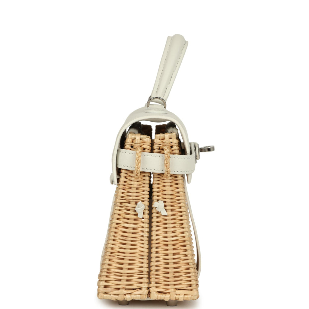 Hermes Mini Picnic Kelly 20 White Swift and Osier Wicker Palladium Hardware - Image 4