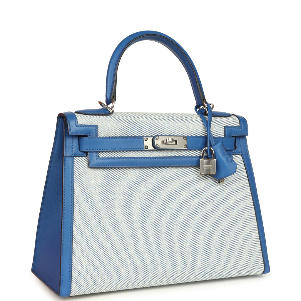Pre-owned Hermes Kelly Sellier 28 Bleu France Swift and Ecru-Bleu Bill Toile H Canvas Palladium Hardware - Image 3