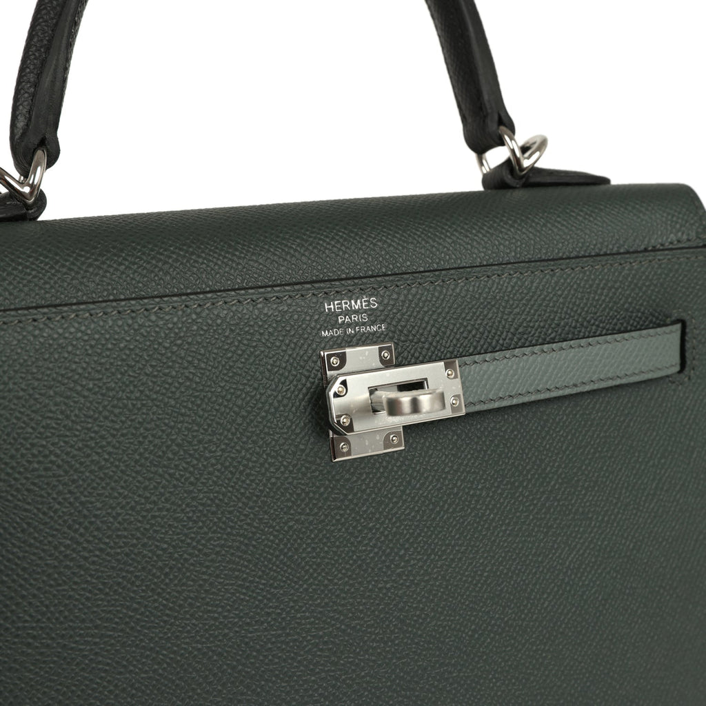 Hermes Kelly Sellier 25 Tri-Color Black, Vert Amande and Vert Mangrove Epsom Palladium Hardware - Image 8