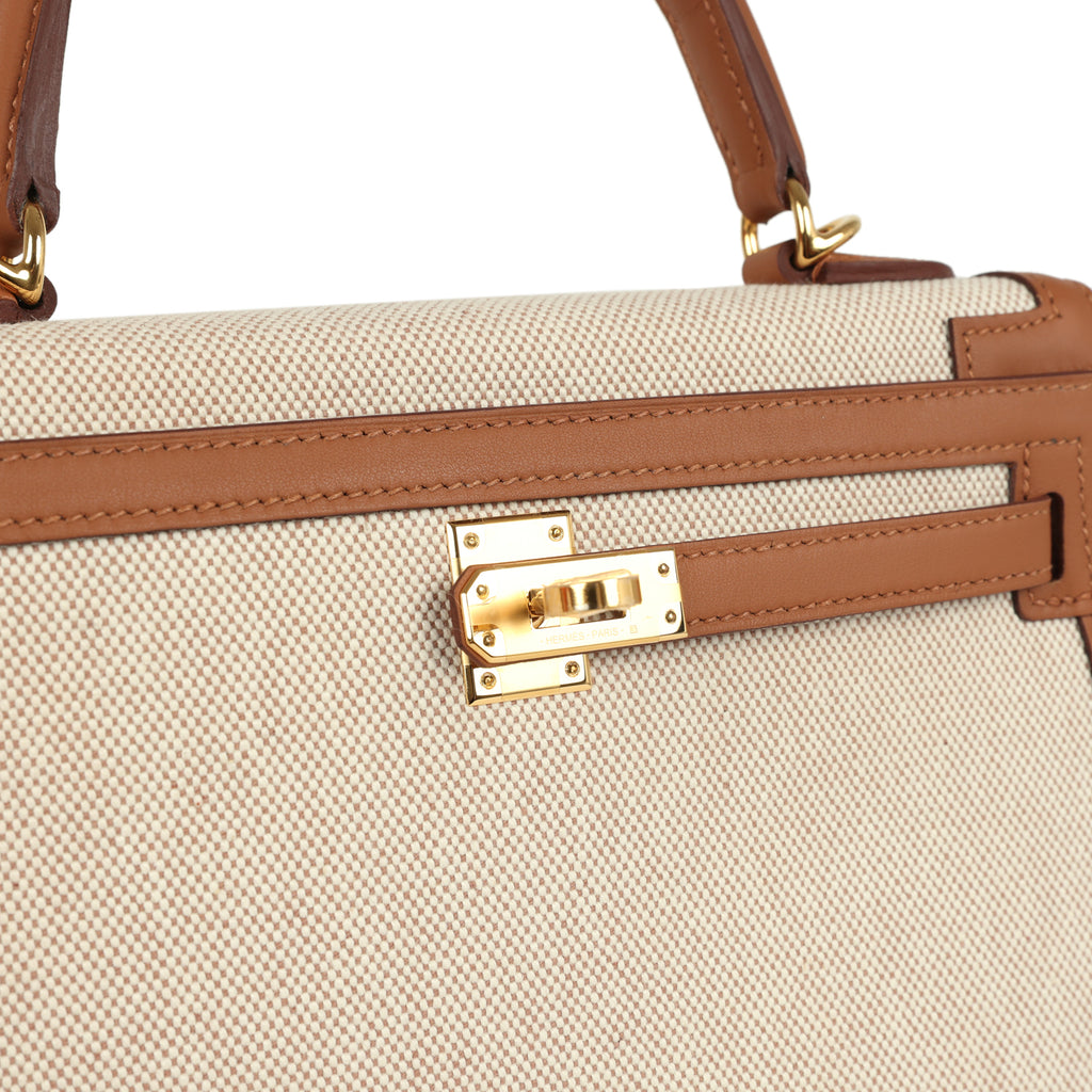 Hermes Kelly Sellier 25 Gold Swift and Ecru & Beige Toile H Canvas Gold Hardware - Image 8