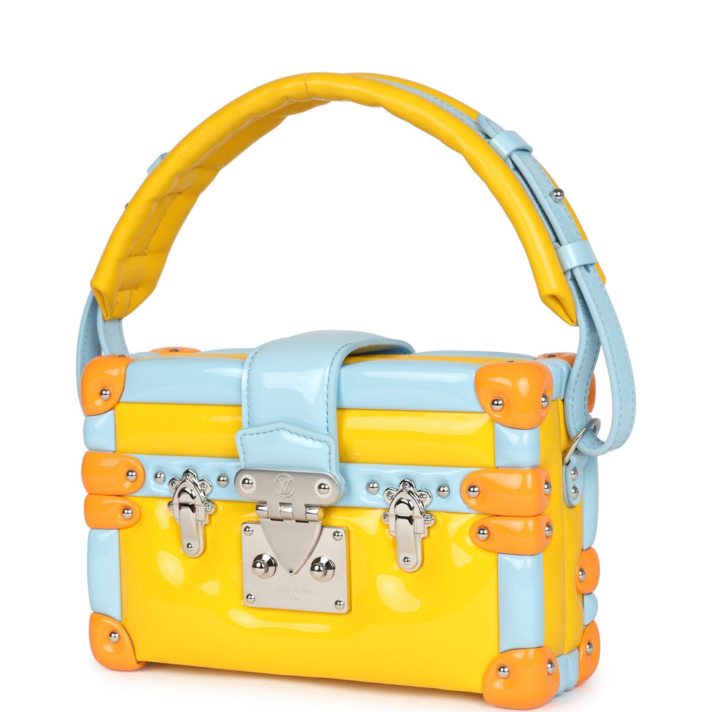 Louis Vuitton Petite Malle Handbag Light Blue & Yellow Glossy Calfskin Silver Hardware - Image 7