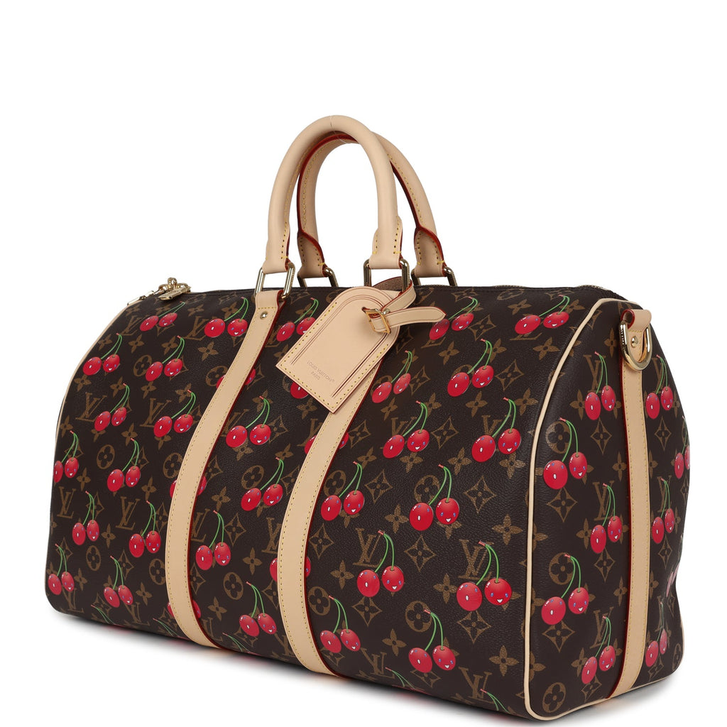 Louis Vuitton X Murakami Keepall Bandouliere 45 Red and Brown Cherry Monogram Gold Hardware - Image 6