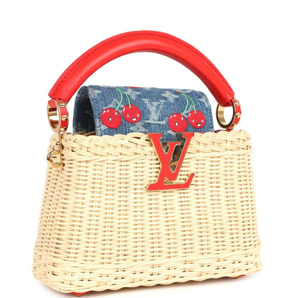 Louis Vuitton X Takashi Murakami Capucines Mini Red and Blue Monogram Cherry Denim and Rattan Wicker Gold Hardware - Image 3