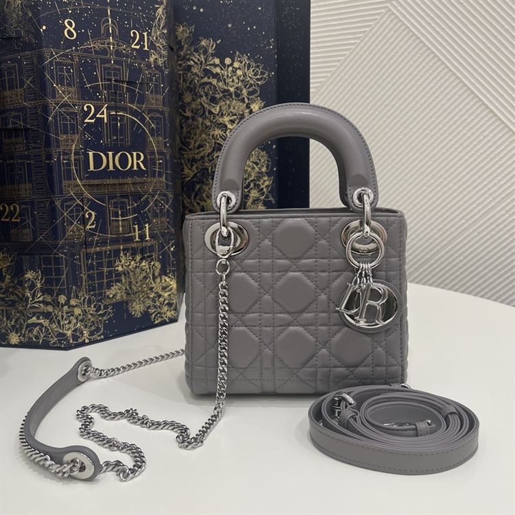 Mini Lady Dior Bag Grey Cannage Leather - Image 3