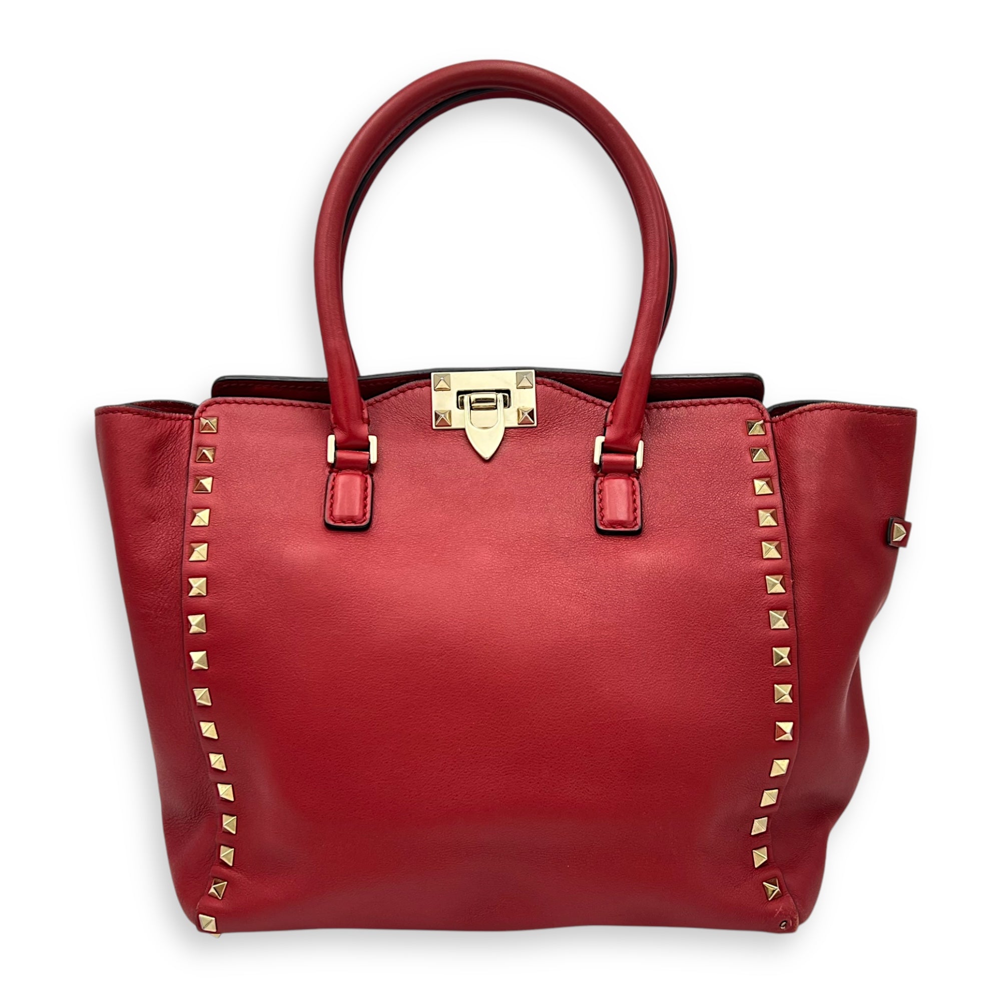 Rockstud Top Handle Bag Red in Calfskin, Gold hardware