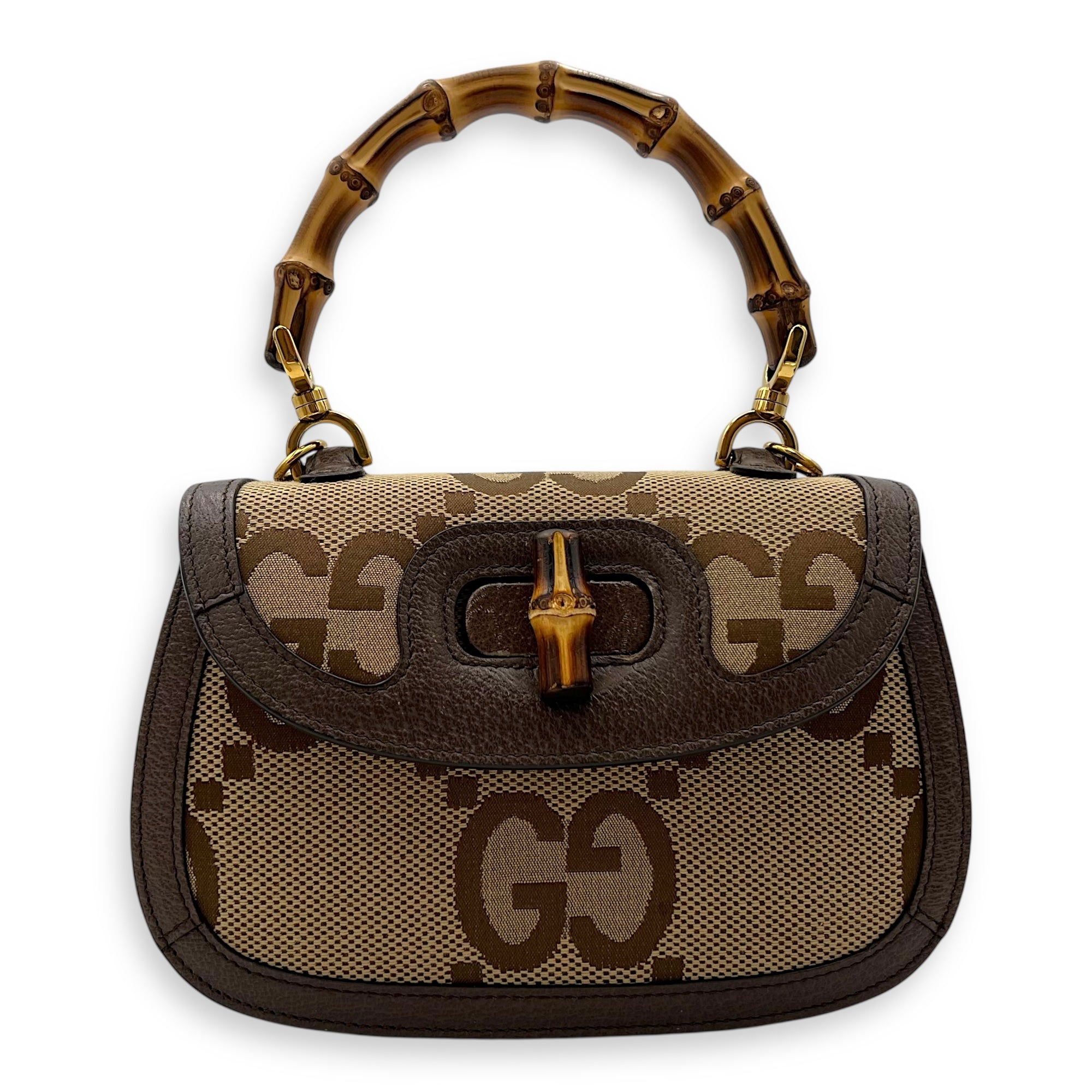 Bamboo Top Handle Bag Brown in Canvas, Gold hardware